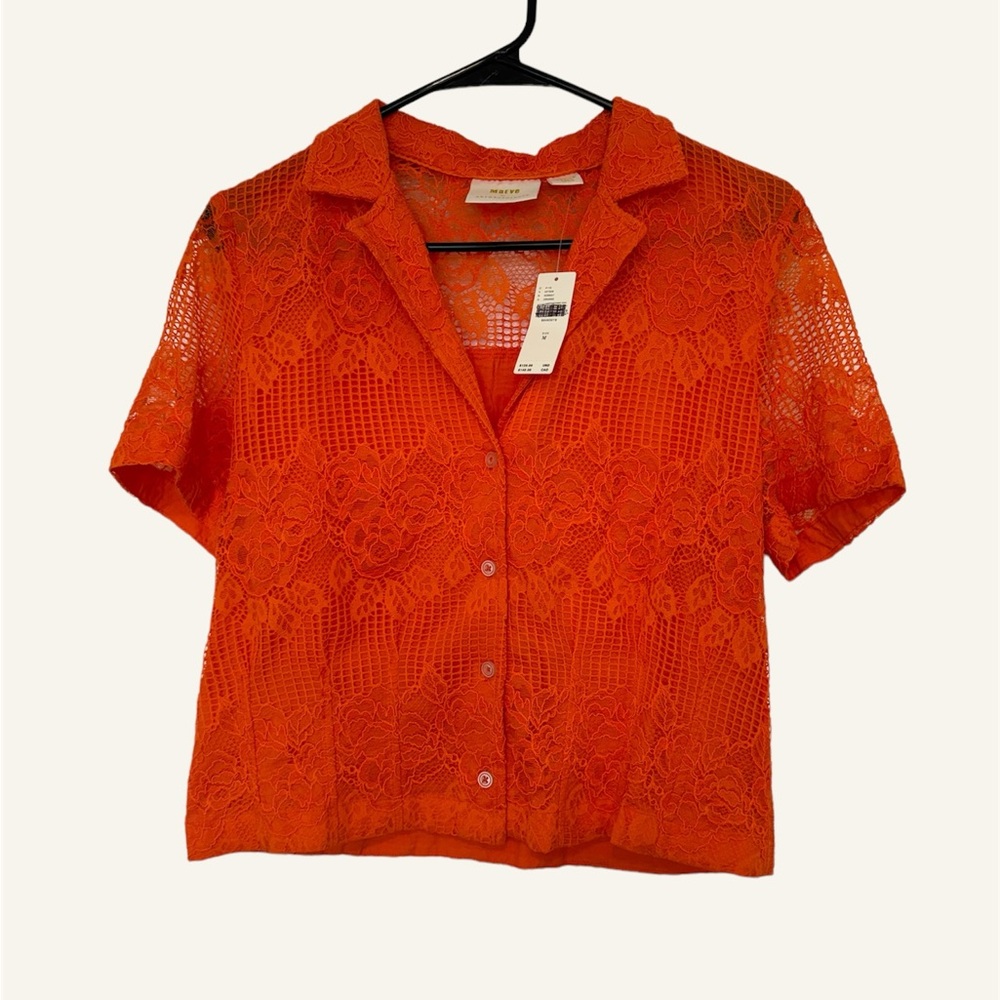Women's Anthropologie Maeve Short Sleeve Orange Lace Button Front Cropped Size M